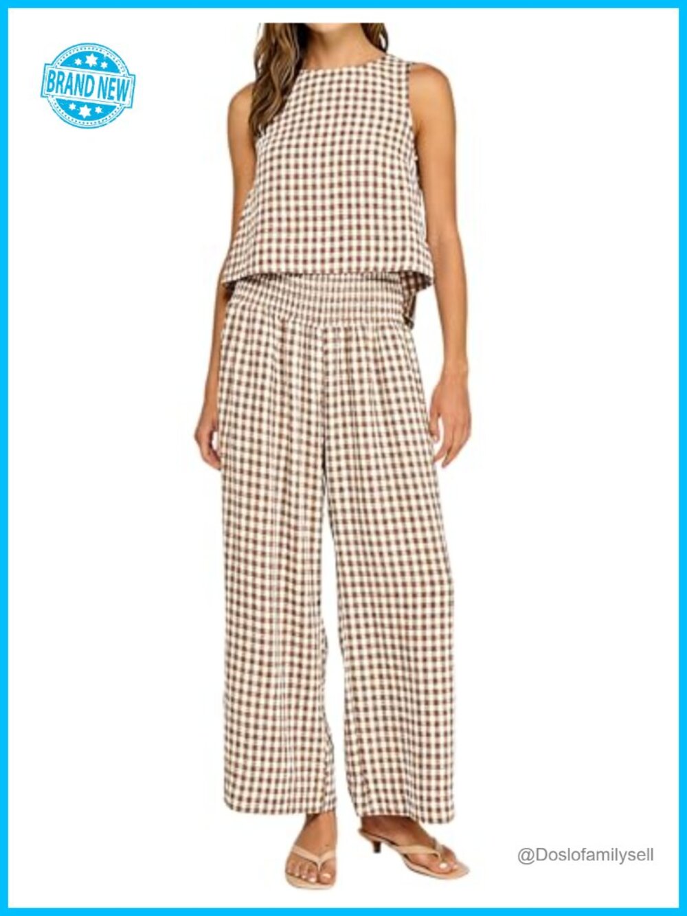 Women's 2 Piece Plaid Gingham Sleeveless Top & Smocked Wide Leg Pant Set Cotton